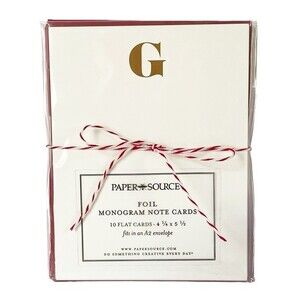 Monogram Notecard Set Gold Foil Print “G” White Card With Red Envelopes Set/10